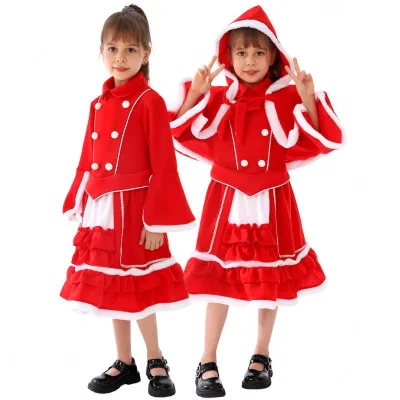 2024 Hot Sale Kids Red Clothing Suit Children Costume Party Festival Girls Christmas Dress With Cape