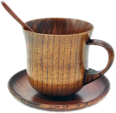 OEM Wooden Mugs Vintage Wood Coffee Cup Saucer Set Handmade Coffee Espresso Mug Wood Tea Cups with Saucer and Spoon Set