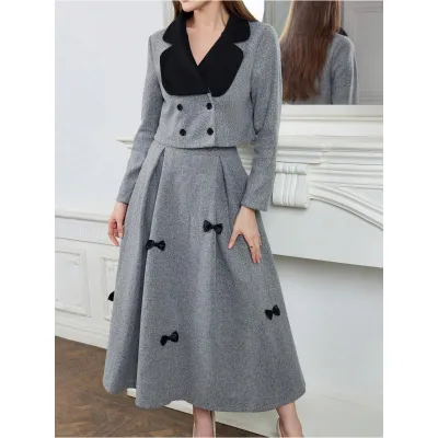 Women's Vintage High Waist Midi Skirt Top 2-Piece Set Woven Worsted Fabric Bow Luxurious Club Style for Autumn
