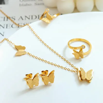 Cross-border Sales of New Double-layer butterfly Necklace, Personalized Ring Earrings Gold-plated Do Not Fade Set Wholesale