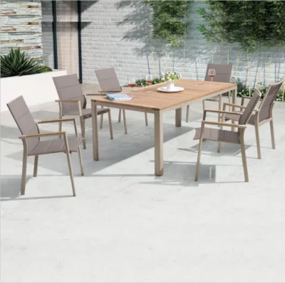 Genoa All-Weather Outdoor Hotel Dining Table and Chairs Furniture Set Teak Wooden Aluminum Frame for Patio or Garden Setting