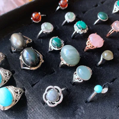 Natural Crystal Multicolor Ring With Adjustable Opening Ring Copper Plated 925 Silver Ring for Men and Women