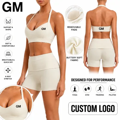 GM New Wholesale Custom Logo Halter Padded Sports Bra V Waist Butt Lifting Pilates Gym Workout Women's High Waist Yoga Sets