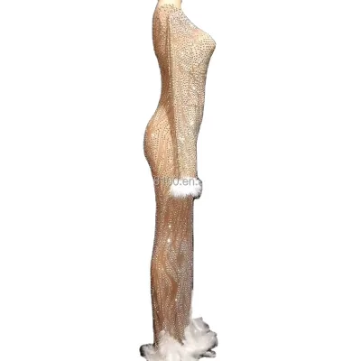 Diamond Embroidery Netting Flesh Transparent Feather Sheath Hip Dress bar Show Gogo Stage Costume