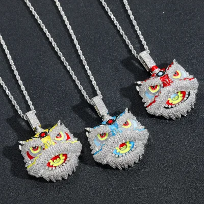 Lion Dance Pendant Necklace Copper Micro Pave Zircon Awakening Lion Head China Chic Hip Hop Jewelry Men Women Wholesale