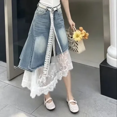 Irregular Lace Patchwork Denim Midi Skirt Women With Braided Belt Vintage Washed Fishtail Skirt Wholesale