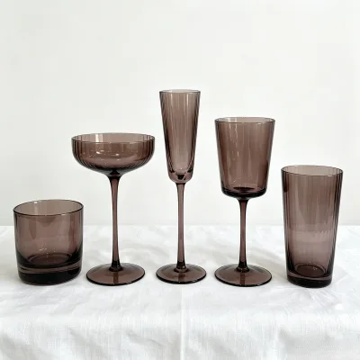 Custom Color Modern Ribbed Transparent Crystal Glass Long Stem Wine Goblet Hand Blown Cocktail Drinkware