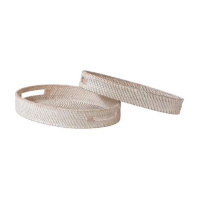 High Quality Handmade Natural Rattan Eco-Friendly Set 2 Serving Trays Handles Vietnam Decorative Kitchenware Food Contact Safe