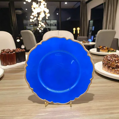 Premium Round Customized Color Gold Rim Reusable Handpainted Handmade Classic 13 Inch PP Plastic Charger Plate for Wedding