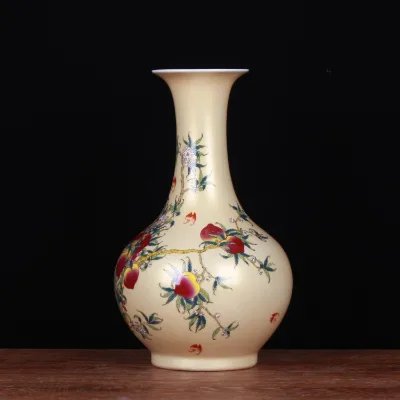 Jingdezhen Modern Fashion Ceramic Crafts Display Pieces Pastel Xiantao Fortune-Longevity Picture Golden Vase Decorative Bottles