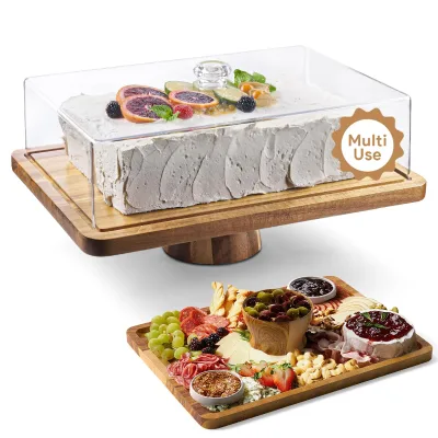 Custom 2-in-1multifunctional Turntable Cake Stand With Clear Acrylic Lid and Base Wood Dessert Cake Display Serving Tray
