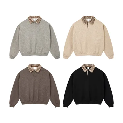 Stand Collar Women Men's Sweatshirt Plaid Polo Neck Heather Color 320gsm 85% Cotton 15% Polyester Custom Oversized Sweatshirt