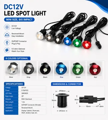 DC12V Mini LED Spot Light 0.7W Recessed Cabinet Spotlight for Jewelry Showcase Display Shelf with Dupont Connector