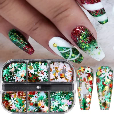 Nail Sequins 6-Compartment Christmas Snowflake Christmas Tree Snowman Star Hexagon Nail Sequins Wholesale