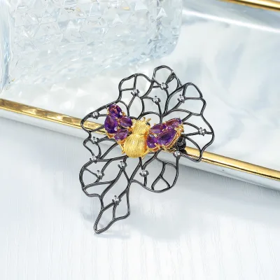 C8357 Abiding Large Size Cute Gold Plated Bee Insect Natural Amethyst Gemstone Silver Universal Brooch Pin Pendant