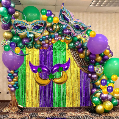 Mardi Gras Tinsel Foil Fringe Curtains with Big Aluminum Mask Balloons Purple Yellow Mardi Gras Balloons for Mardi Gras Party