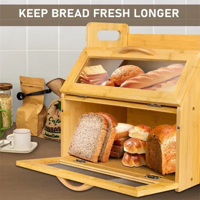 Bamboo Bread Storage Cabinet Eco-friendly European Design Multi-functional Food Storage Box with 2 Compartments for Kitchen Use