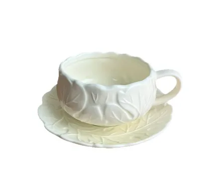 European Style Retro Relief Flower Design Durable High-End 250mL Ceramic Coffee Cup and Saucer Set From Chaozhou