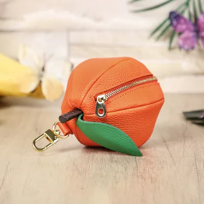 Custom Fruit Shape Full Grain Leather Coin Purse Mini Pouch for Earbuds Lipstick Keys Genuine Leather Orange Apple Bag Charm