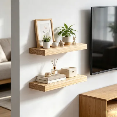 Natural Pine Floating Shelves Set 2 Wall Mounted Wood Storage Rack 16 Inch Rustic Decorative Display Bookshelf for Bedroom