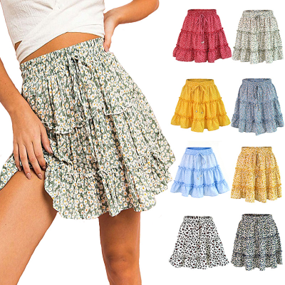 2023 Summer Casual High Waist Women Skirt Elastic Ruffle Floral Printing A-Line Pleated Skirt