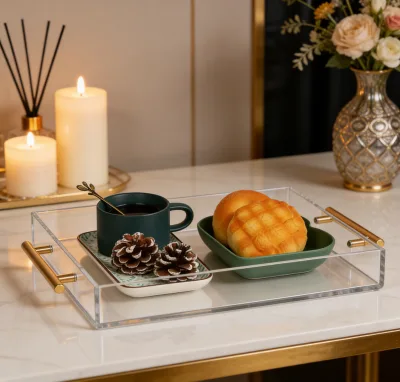 Customized Luxury Hotel Acrylic Eco-Friendly Transparent Organic Glass Tray with Gold Metal Handle