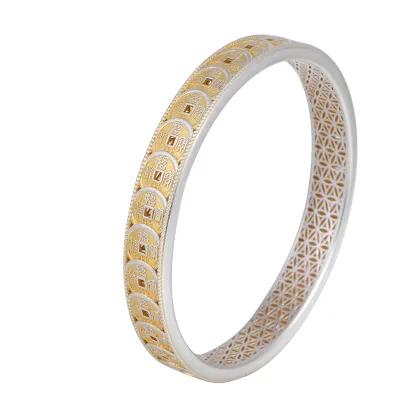 BOCAI S999 Silver Bracelet Women Men's Fine Bangle Jewelry Gold Plating Hollow Ancient Coins Pattern 925 Silver Ethnic Style