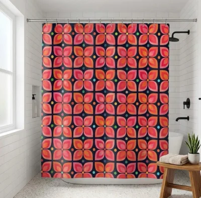 Dark Background Retro Floral Shower Curtain, Mid Century Orange Red Geometric Polyester Waterproof Easy Care Bath Curtain