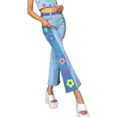Custom High Quality Denim Pants Color Matching Side Embroidery Flowers High Waist Flared Jeans