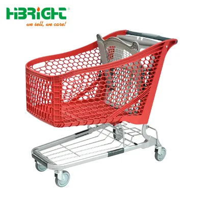 America Supermarket Blue Color 200L Mesh Plastic Shopping Cart American Style Unfolding Hybrid Cart Durable Lightweight 4'' PU