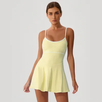 Color-block Seamless Adjustable-Strap Full-Length Tennis Skirt Built-in Chest Pad Spandex/Nylon Material for Sports Outdoor