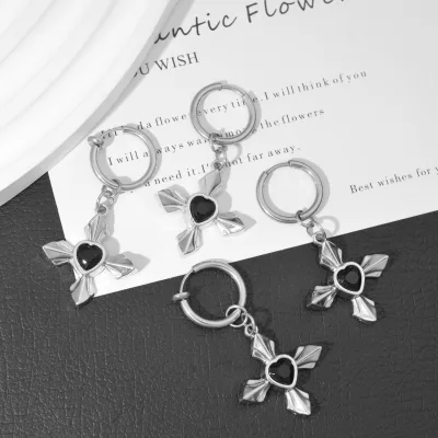 Diamond-Encrusted Love Cross Pendant Hoop Earrings Vintage Stainless Steel Zircon Women Men Daily Wear6449