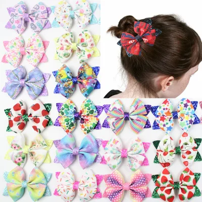 New Shiny Glitter Boutique Hair Clip Bow Hair Clip Mermaid Rainbow Flower Print Selling Hair Accessories