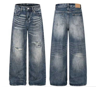 High Street Retro Men's and Women's High-end Breathable Loose Dark Wash Ripped Design Mid Waist Denim Wide Leg Jeans