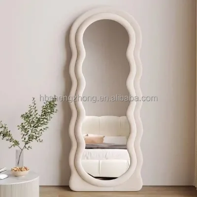 Factory Direct Sales Wave Full Body Floor Mirror, Cream Velvet Fitting Mirror, Girls' Bedroom Irregular Wave Mirror
