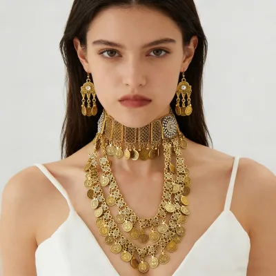 Vintage Indian Jewelry Sets Bollywood Traditional Bridal Choker Necklace Dangle Earrings Set Gypsy Ethnic Wedding Party