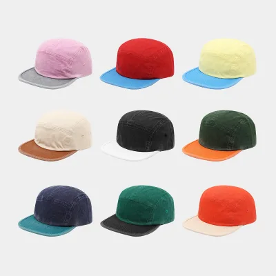 Washed Cotton 5 Panel Snapback Cap Flat Brim Colorblock Vintage Street Skate Hat for Men and Women