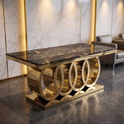 Modern Four Ring Hollow Stainless Steel Rectangular Table Marble Glass Top Wedding Banquet Dining Table