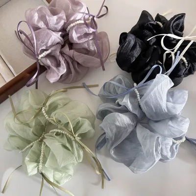 Sweet Pearl Ribbon Bowknot Solid Color Mesh Hair Rope Scrunchies 12cm Women Hair Accessories