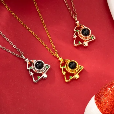 Exquisite Christmas Tree Pendant Necklace with Custom Photo Projection Zircon Stone Gold Plated Brass Jewelry
