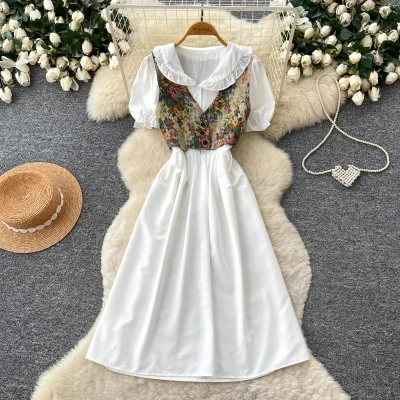 Women's Ruffled Collar Puff Short Sleeve Jacquard Vest Patchwork Fake Two Piece Cinched Waist Midi Dress for Spring Summer
