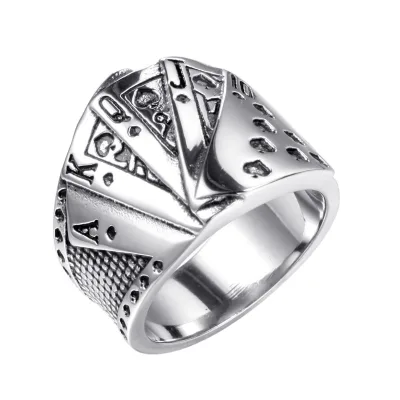 Stainless Steel the Queen King of Card Poker Mens Womens Ring Silver Hip Hop Poker Cards Biker Ring