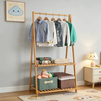 Bamboo Double Tier Kids Clothing Rack with Bag Storage Space-Saving Hanging Organizer for Living Room