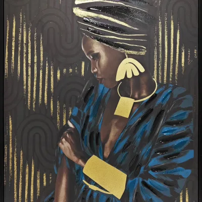 Blue Gold African Woman Portrait Textured Modern Home Hotel Decor Framed Abstract Oil Painting Canvas Wall Art
