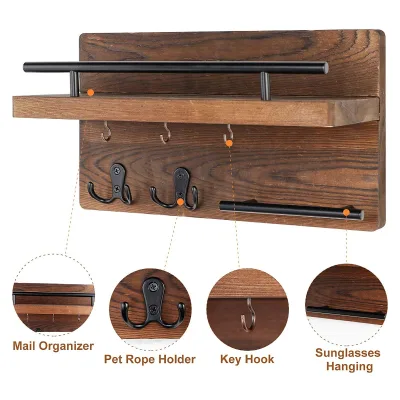 Wood and Metal Wall Mounted Coat Rack, Entryway Shelf with Hooks for Hats Jackets Keys Organizer