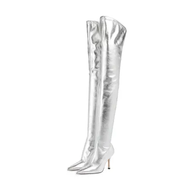Fashion Silver Over the Knee Boots Silver Thigh High Boots Heels Pointed Toe Winter Silver Over the Knee Boots for Women