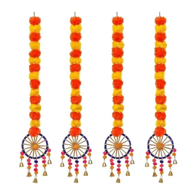 Artificial Marigold Flowers with Pom Pom Ring Bell Hanging Plastic Garlands Home Diwali Holiday Hanging Decoration