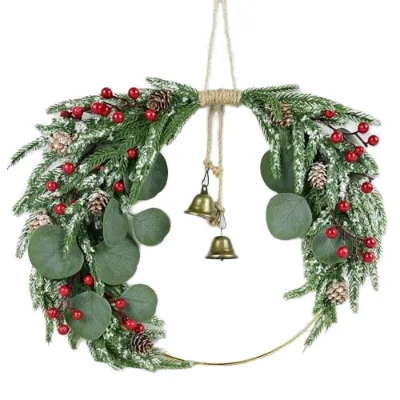 Artificial Christmas Autumn Wreath 15inches Autumn Wreath Harvest Wreath with Pine Cone Pine Leaves Berry Bell Wreath Wall Decor