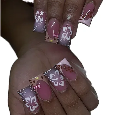 Newest French Pointed Full Cover False Nails for Women Girls Square 3D Flower Design ABS 24 Pieces Press-On Nails Box Finger Use