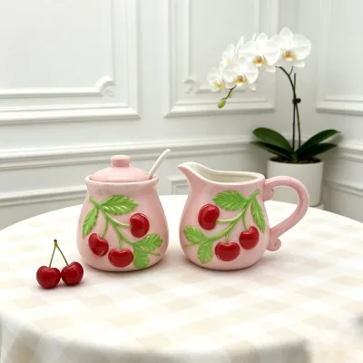 Ceramic Cherry Pattern Pink Sugar Bowl with Lid and Spoon Set Creamer Pitcher for Coffee Tea Kitchen Tableware